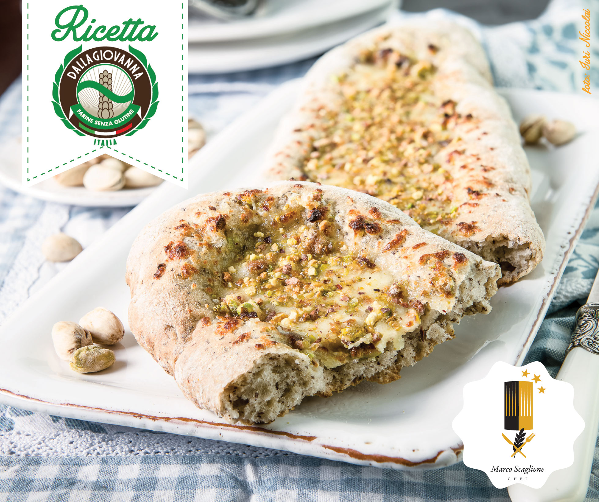 Gluten-free pizza with shovel with provola and pistachio 