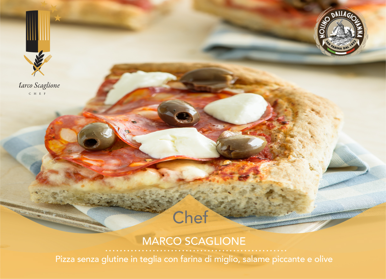 Pizza senza glutine in teglia con farina di miglio, salame piccante e olive