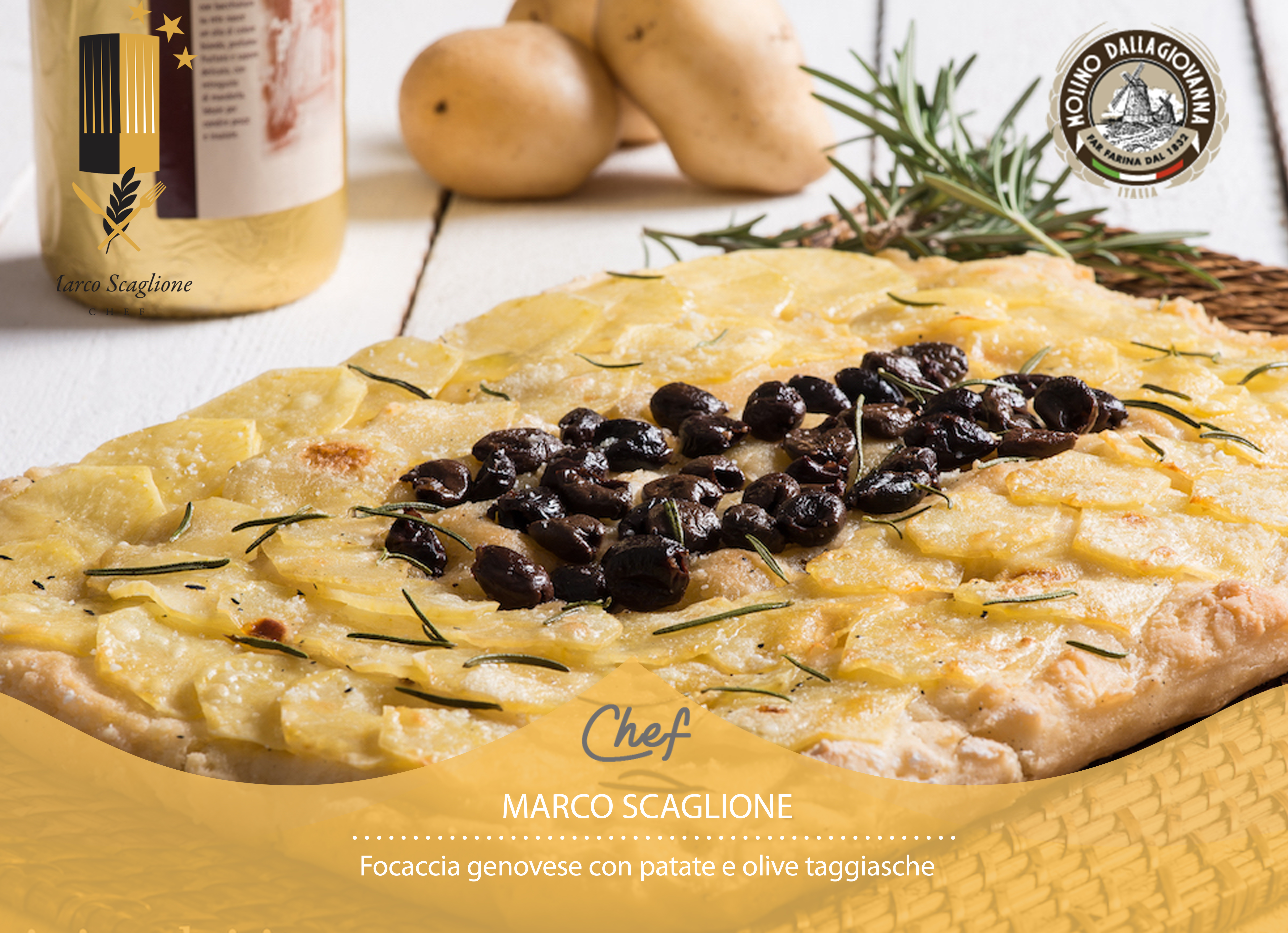 Genoese focaccia with potatoes and olives taggiasche