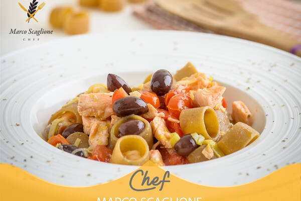 Half a pacchero with fresh salmon, tomatoes and taggiasche olives