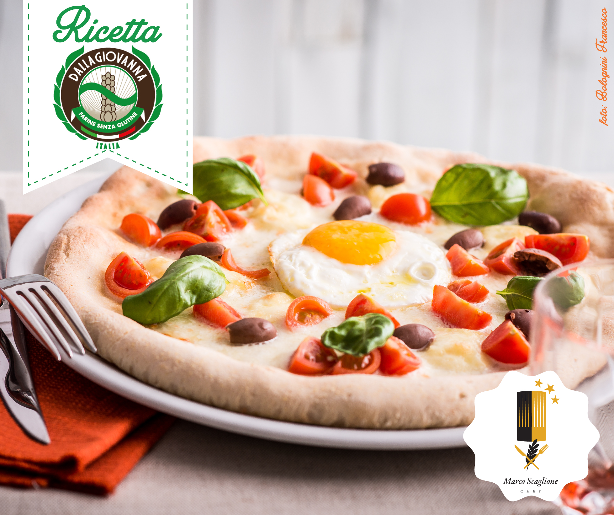 Gluten-free white pizza with ox-eye egg, cherry tomatoes and olives