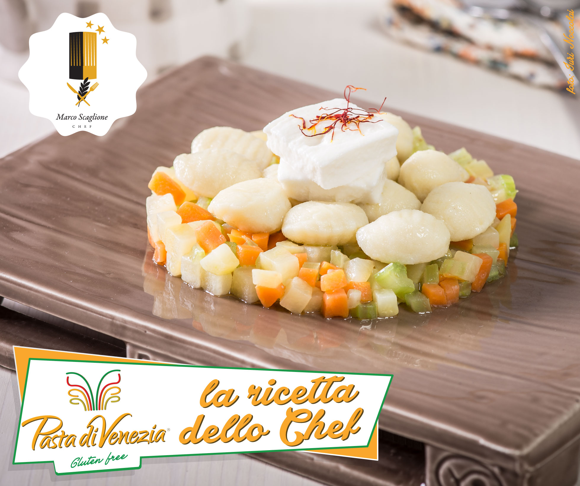 Gluten-free potato gnocchi with diced vegetables, buffalo mozzarella and saffron pistils