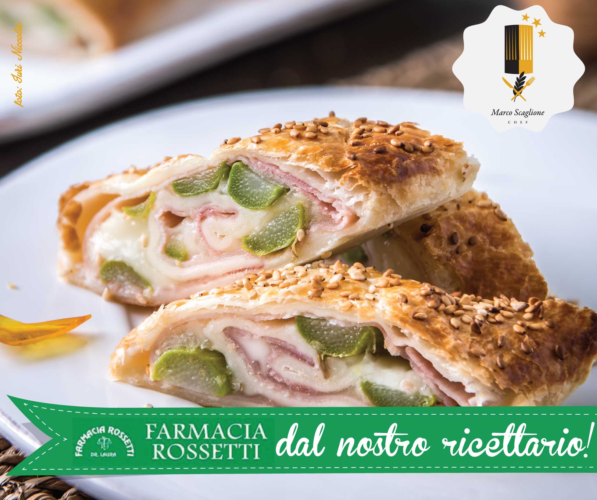 Gluten-free strudel with asparagus, cooked ham and taleggio cheese