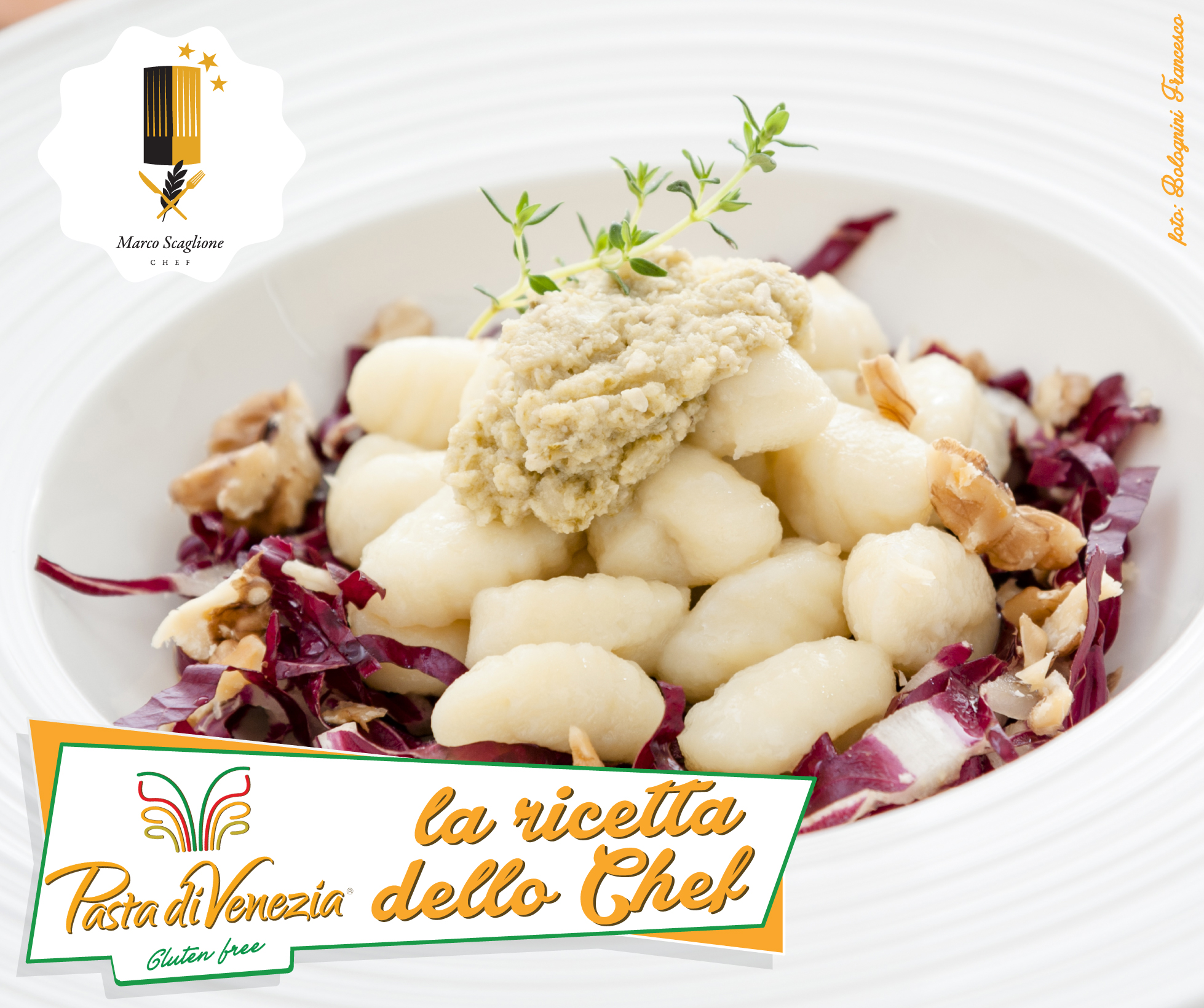 Gnocchi senza glutine con pesto di carciofi, gherigli di noci e radicchio fresco croccante