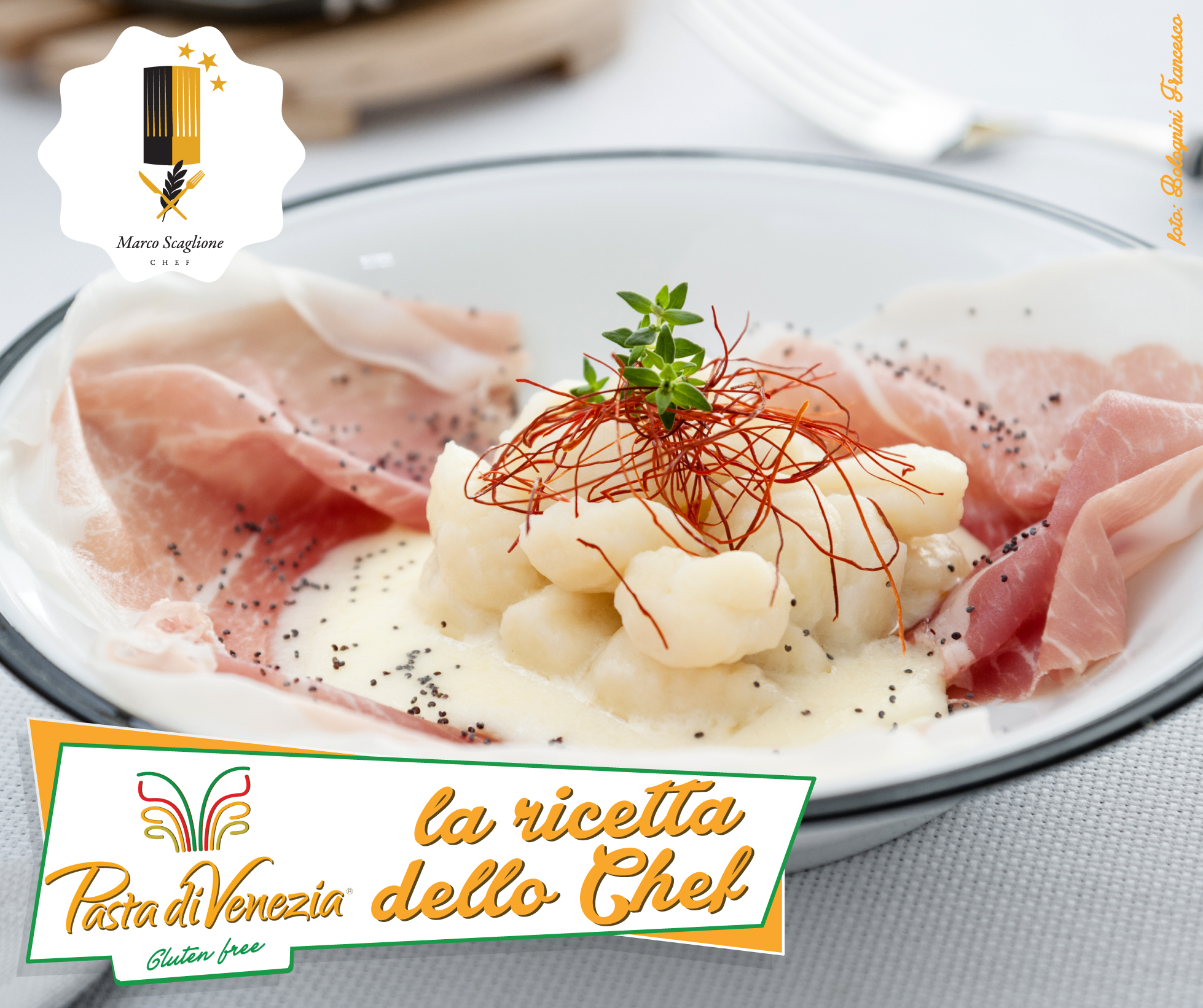 Gnocchi di patate senza glutine con crema di burro chiarificato, prosciutto crudo San Daniele e semi di papavero