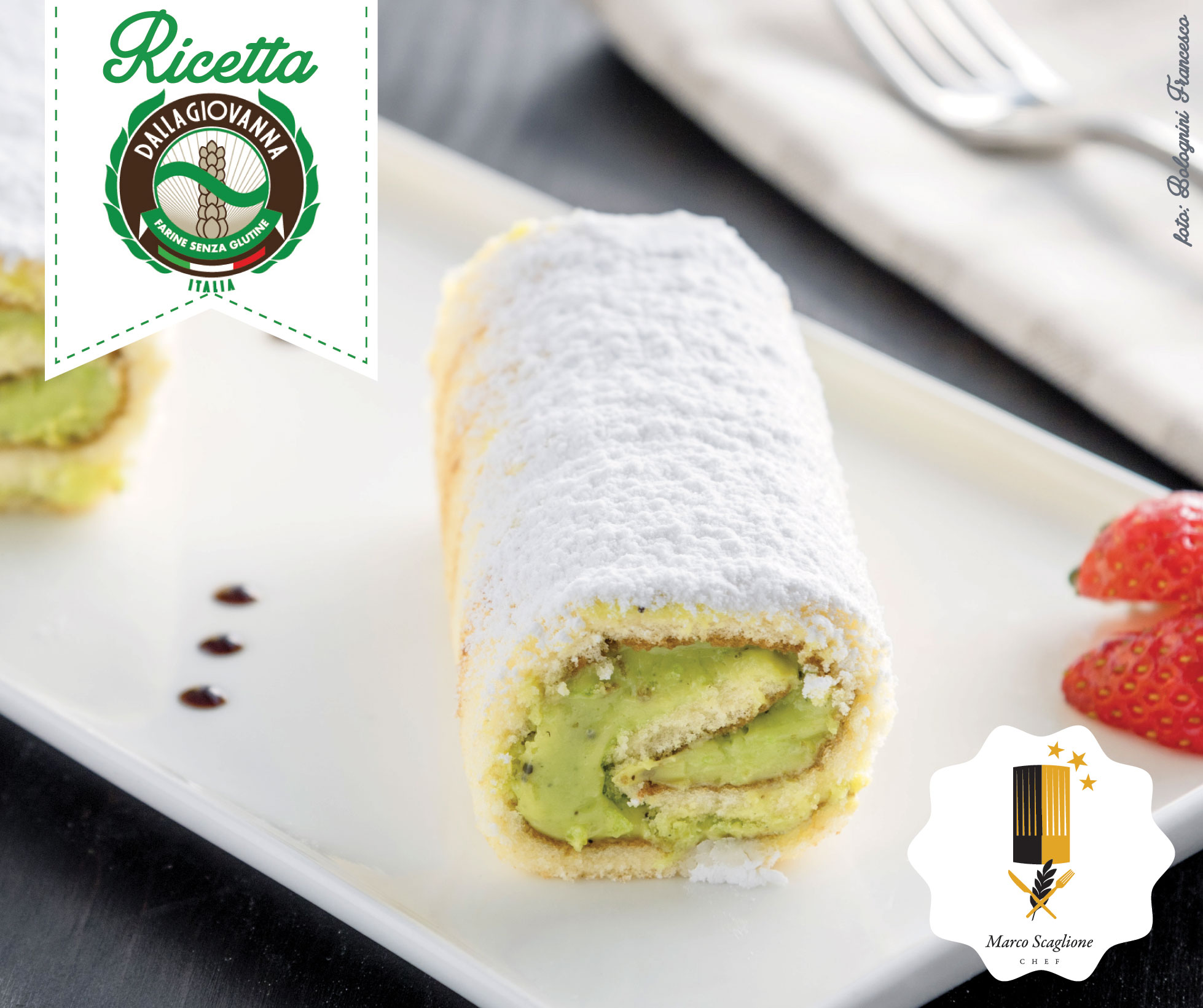 Rotolo di pan di spagna senza glutine con crema di pistacchio