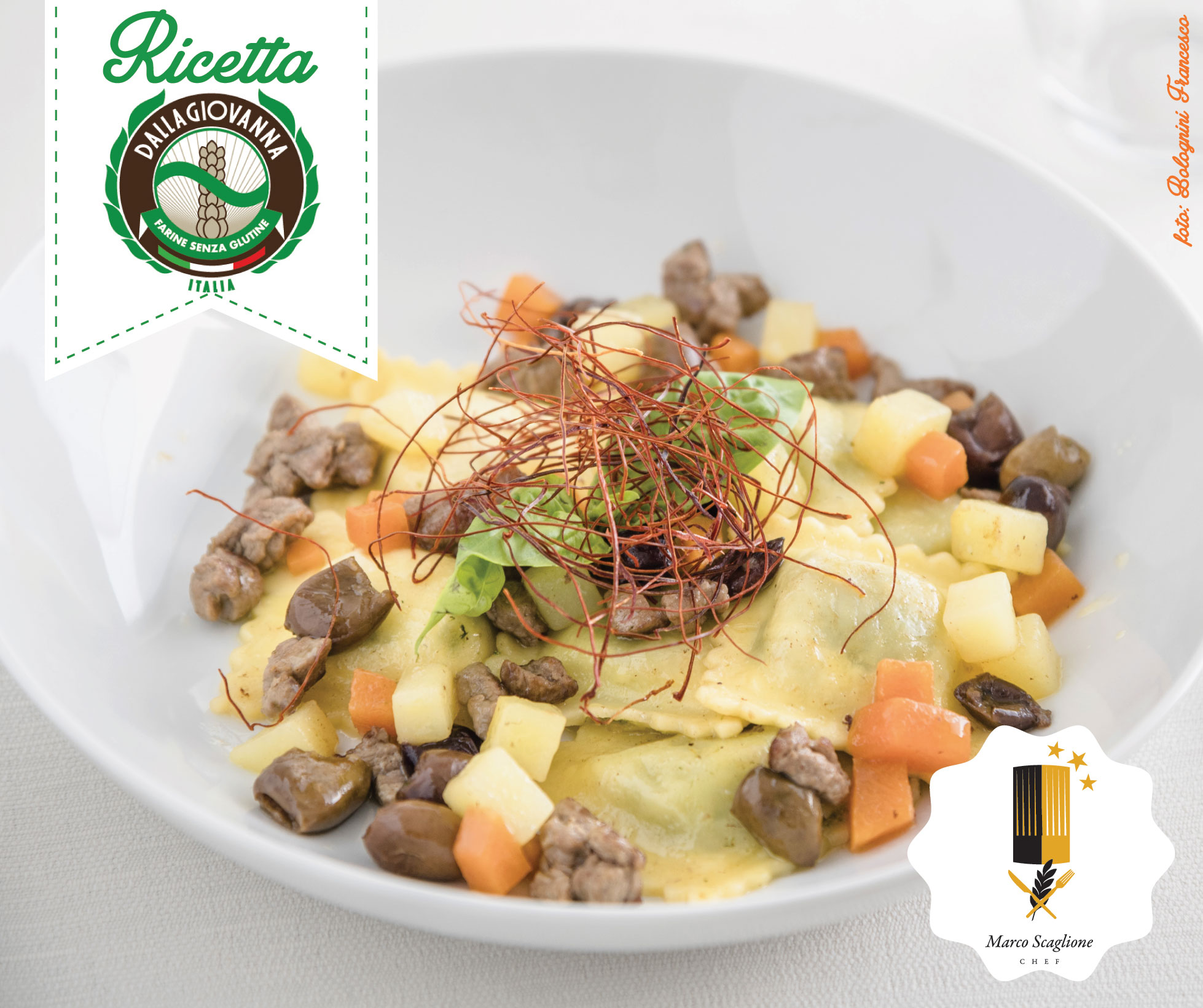 Gluten-free ravioli with ricotta and spinach with chopped beef with vegetables and taggiasca olives