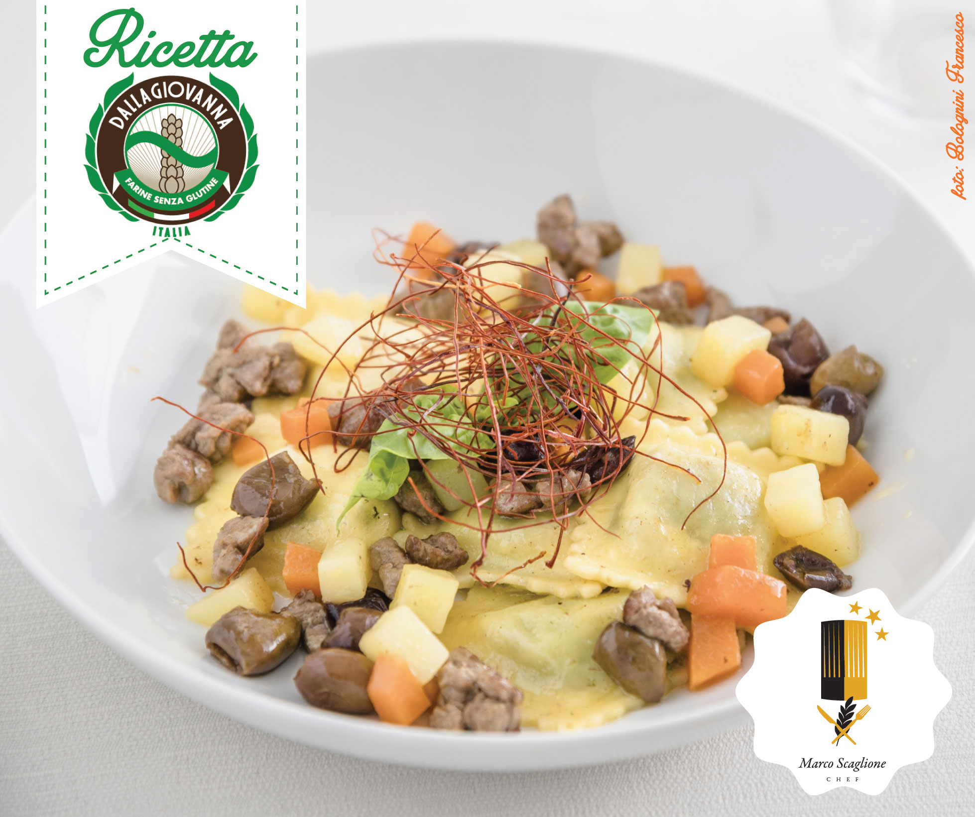 Ravioli senza glutine di ricotta e spinaci con battuto di manzo concassè di verdure e olive taggiasche