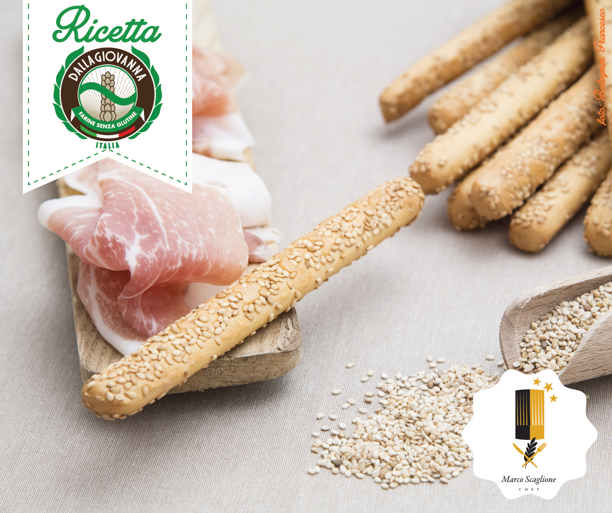 Gluten-free sesame breadsticks with ham