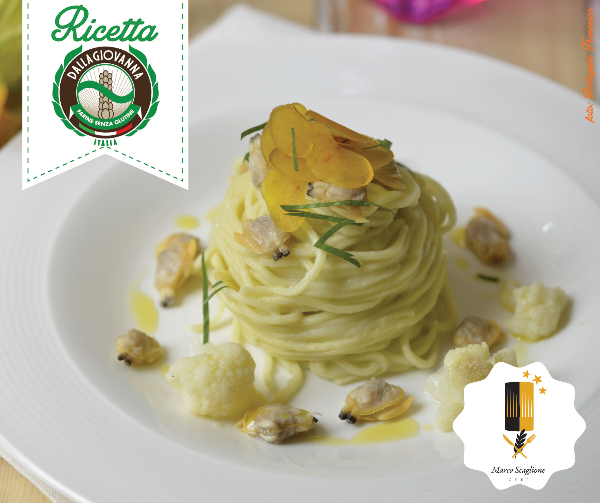 Tagliolini senza glutine con crema di cavolfiore, vongole e bottarga