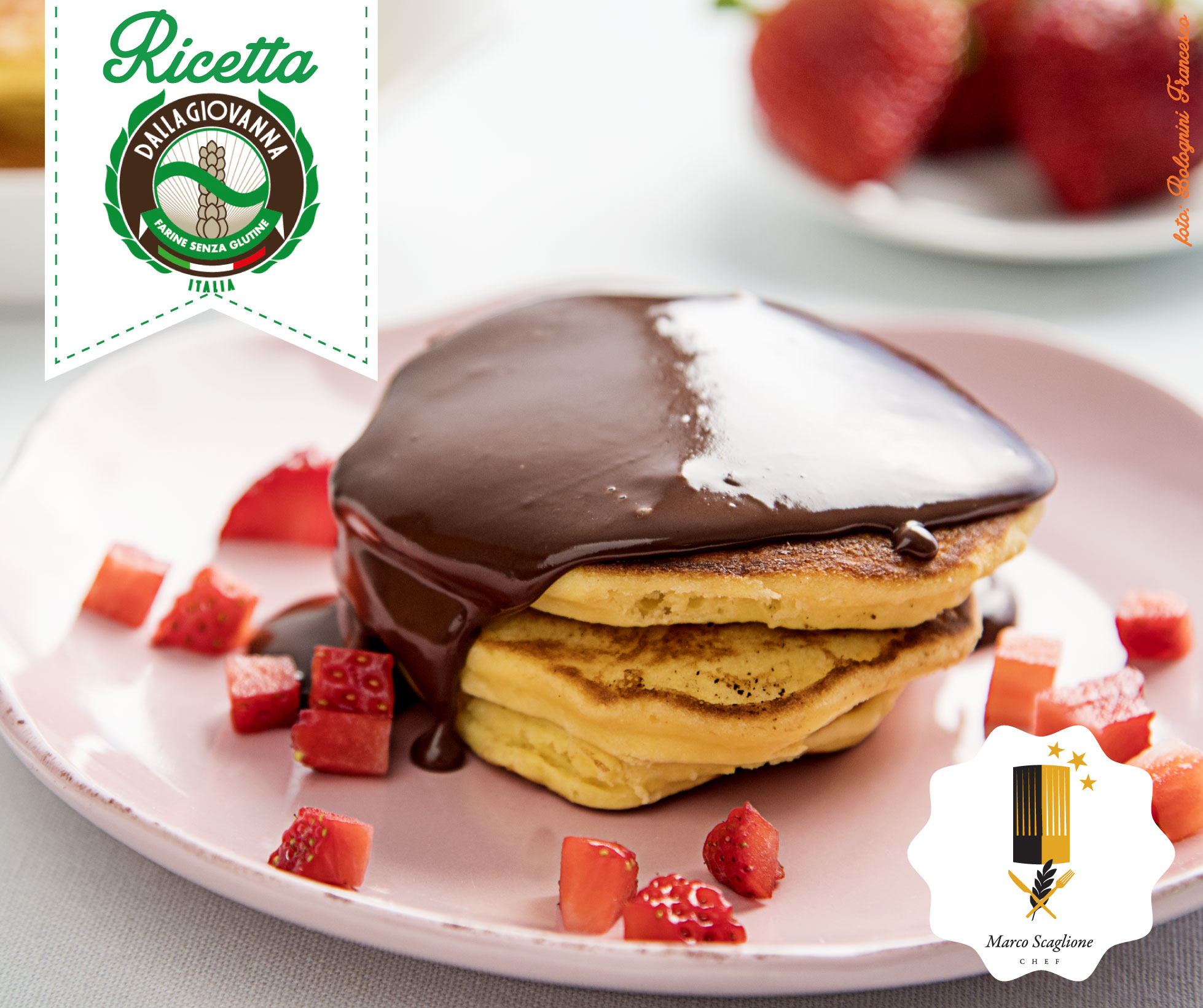 Pancake senza glutine con ganache al cioccolato e fragole