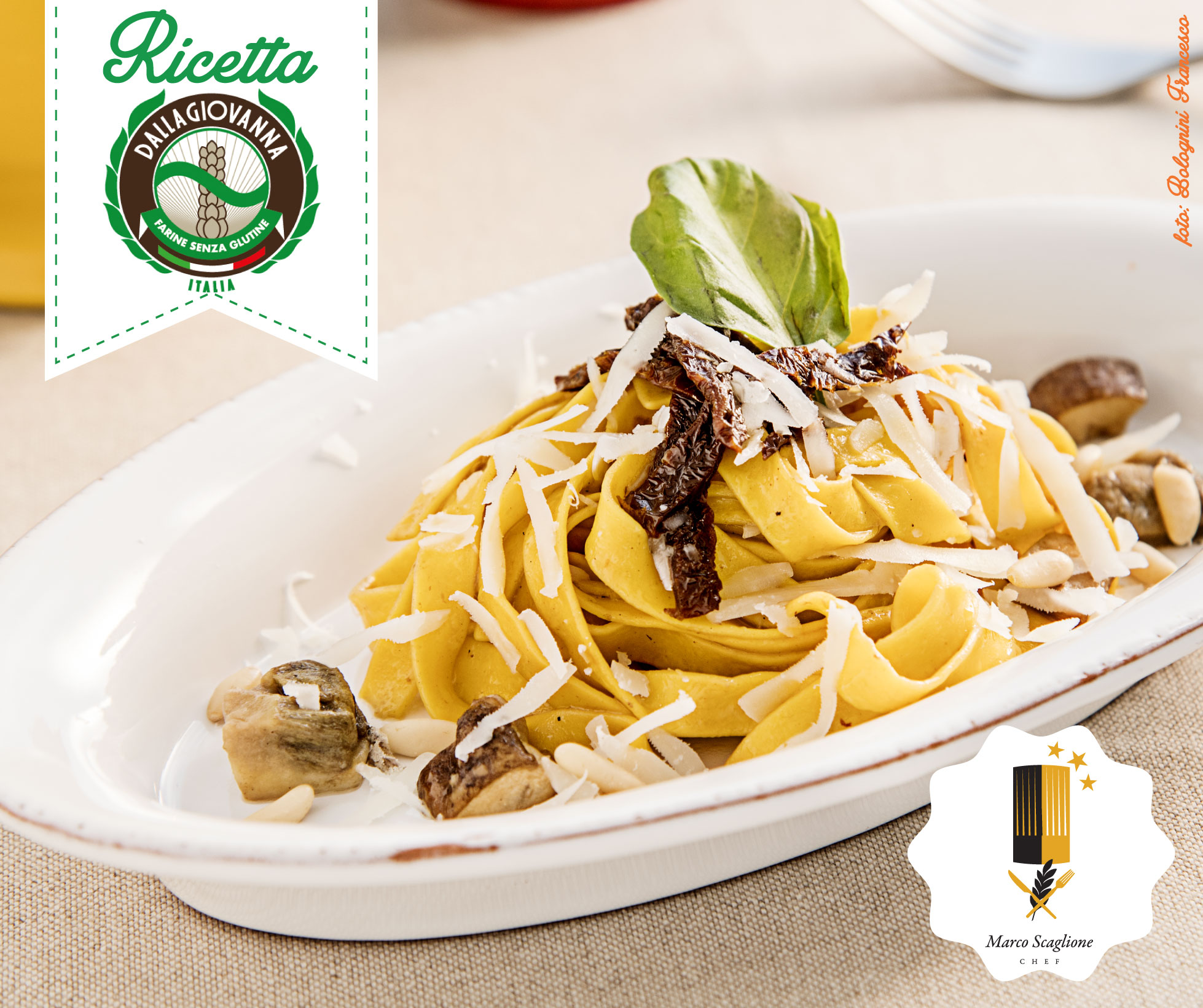 Gluten-free tagliatelle with porcini mushrooms, sun-dried tomatoes and ricotta salata