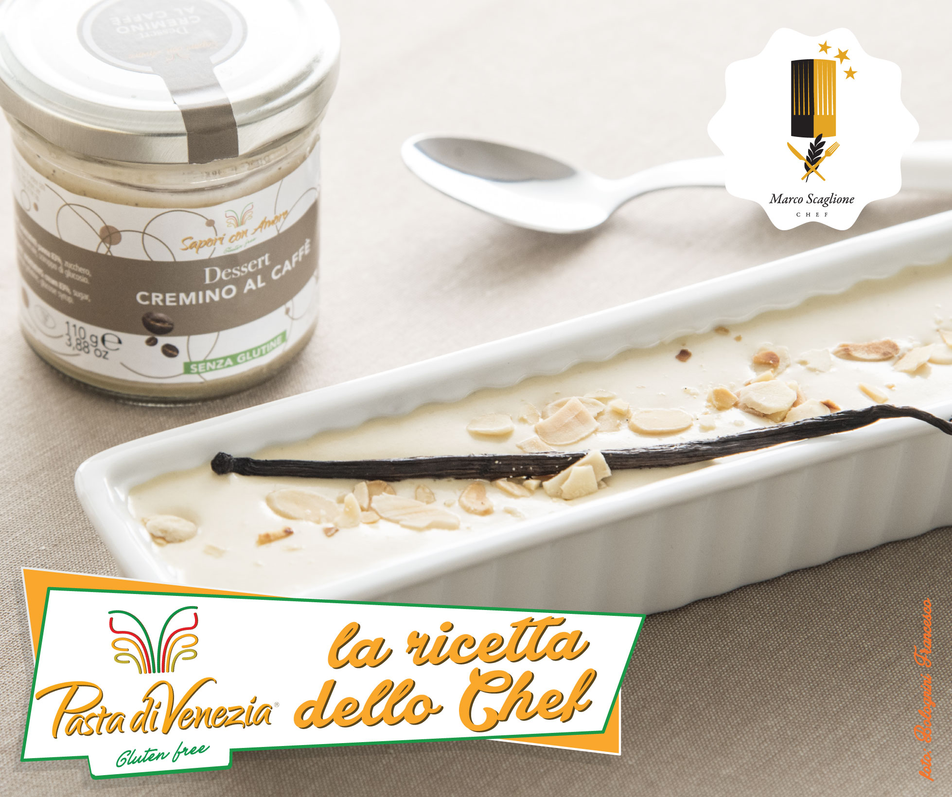 Semifreddo sin gluten con café cremino, vainilla y filetes de almendra tostados