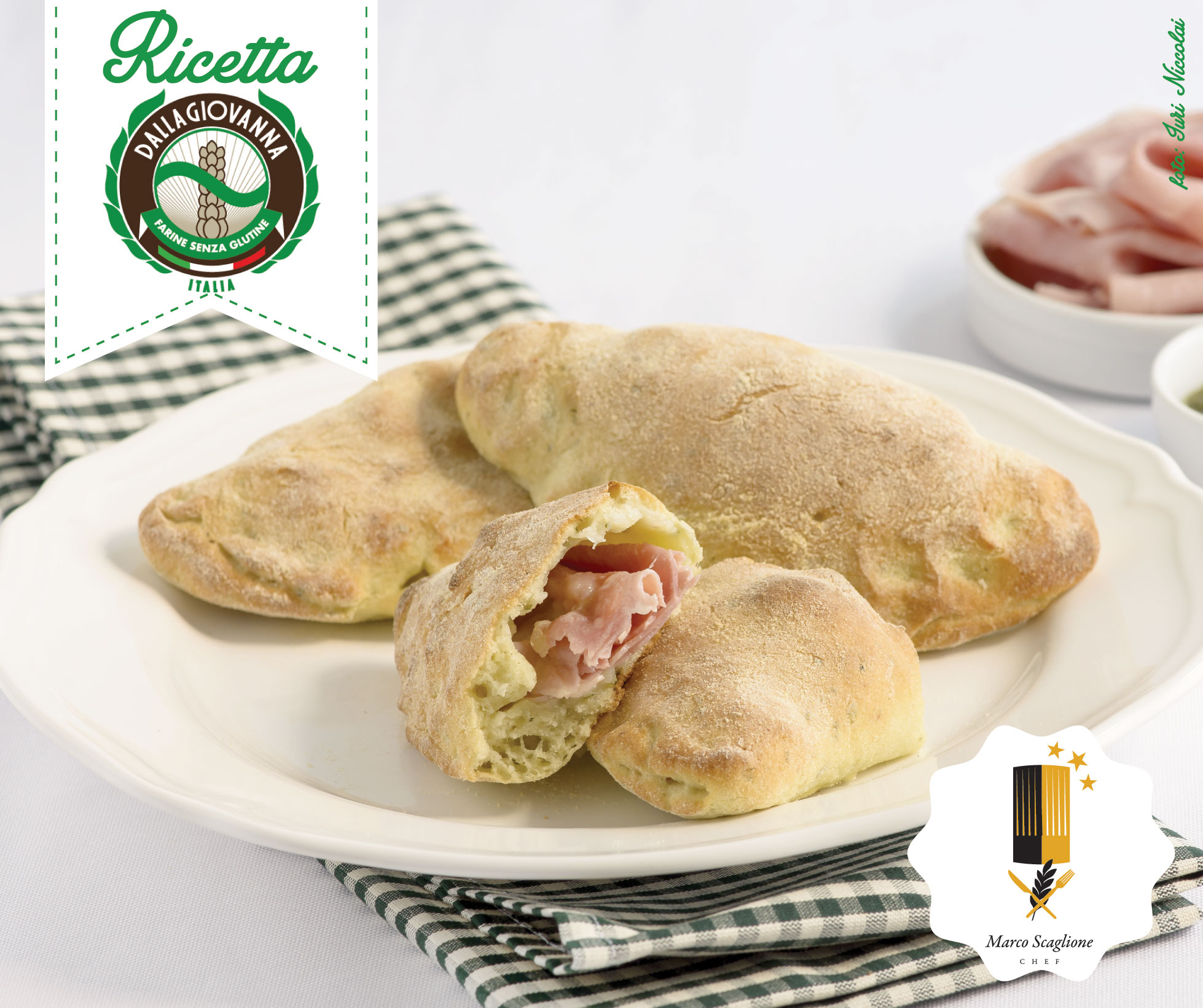 Calzone senza glutine al pesto con ripieno di prosciutto e mozzarella 