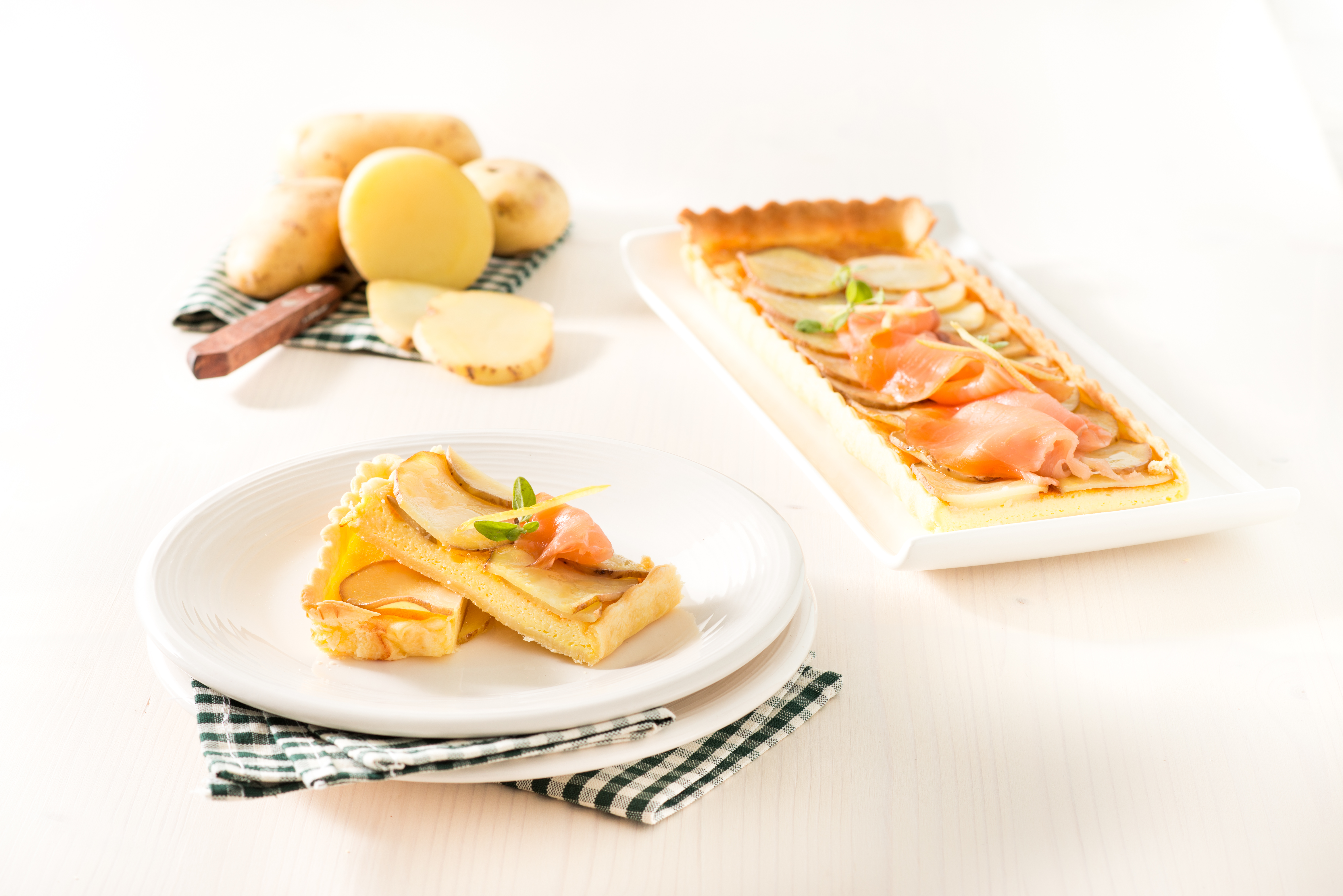 Savory pie with gluten-free potatoes, salad and grilled salmon 