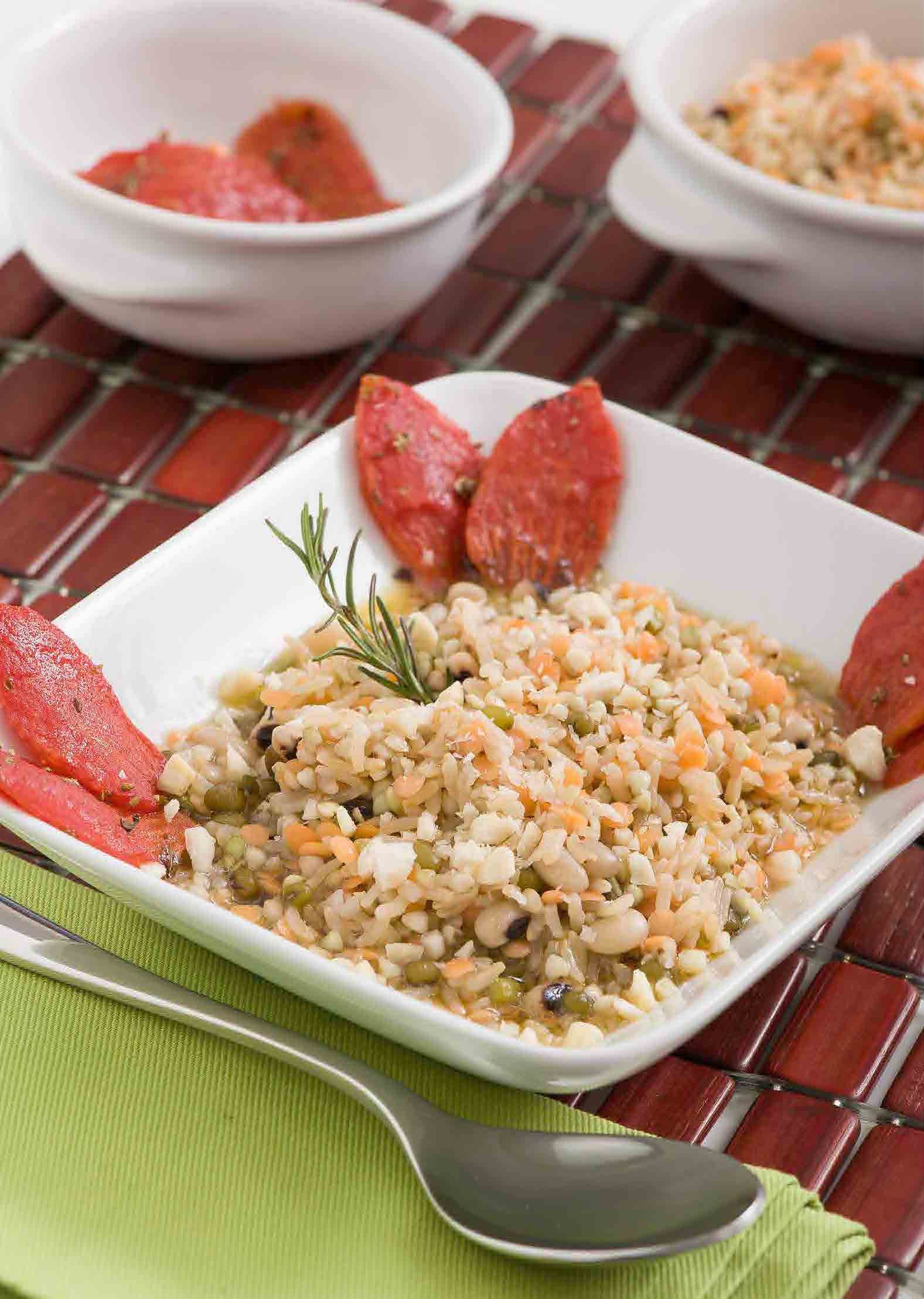 Gluten-free buckwheat soup with tomato petals oregano and ground almonds