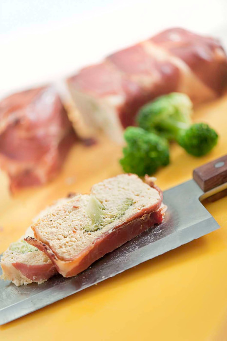 Gluten-free chicken terrine with broccoli and speck