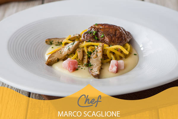 Spaghetti alla chitarra senza glutine con porcini, fonduta di parmigiano e guanciale