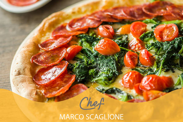 Pizza in a pan without gluten with fonio and friarielli, sweet provolone, pachino tomato and spicy salami