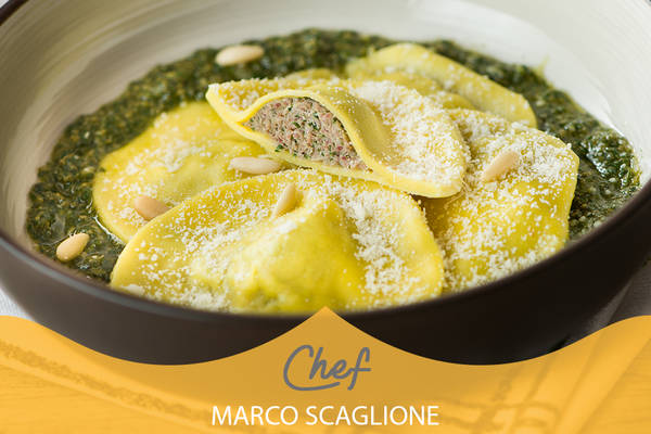 Gluten-free tortelli stuffed with bresaola with rocket and burrata with light basil pesto