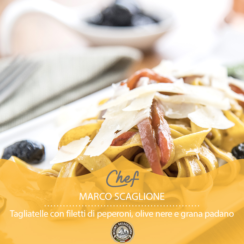 Tagliatelle without gluten Complete fillets of peeled peppers, pitted black olives and flakes of Grana Padano cheese