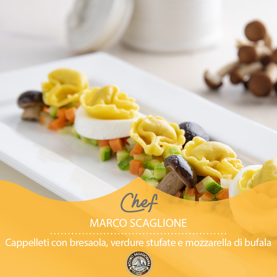 Cappelletti senza glutine con bresaola con mirepoix di verdure stufate con mozzarella di bufala filante