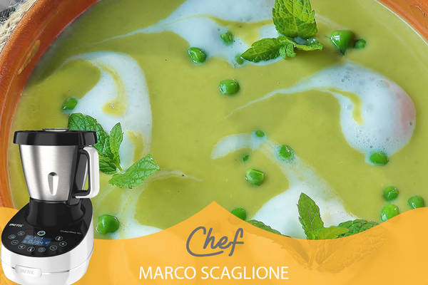 Vellutata senza glutine di cipolle e piselli con spuma di yogurt