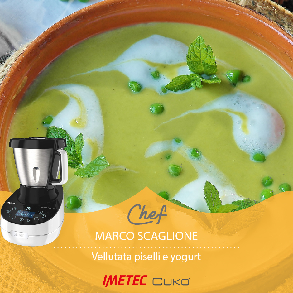 Crema sin gluten de cebollas y guisantes con espuma de yogur de MARCO SCAGLIONE