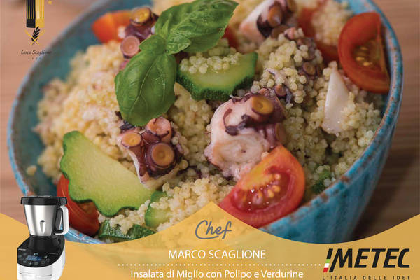 Ensalada de mijo con pulpo, tomatitos y calabacines frescos