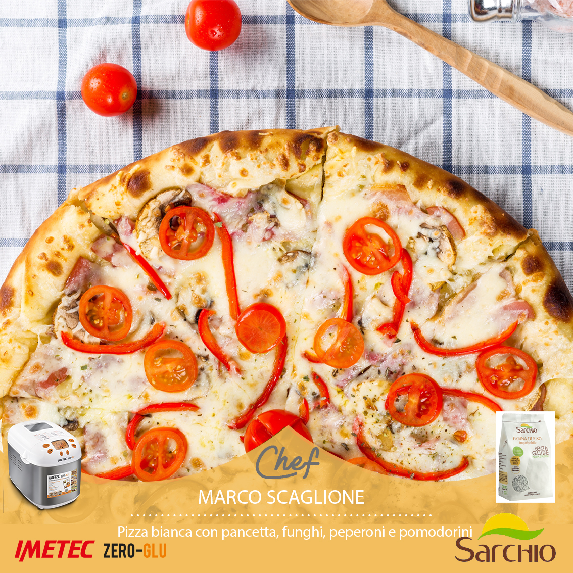 Gluten-free white pizza with bacon, mushrooms, peppers and cherry tomatoes