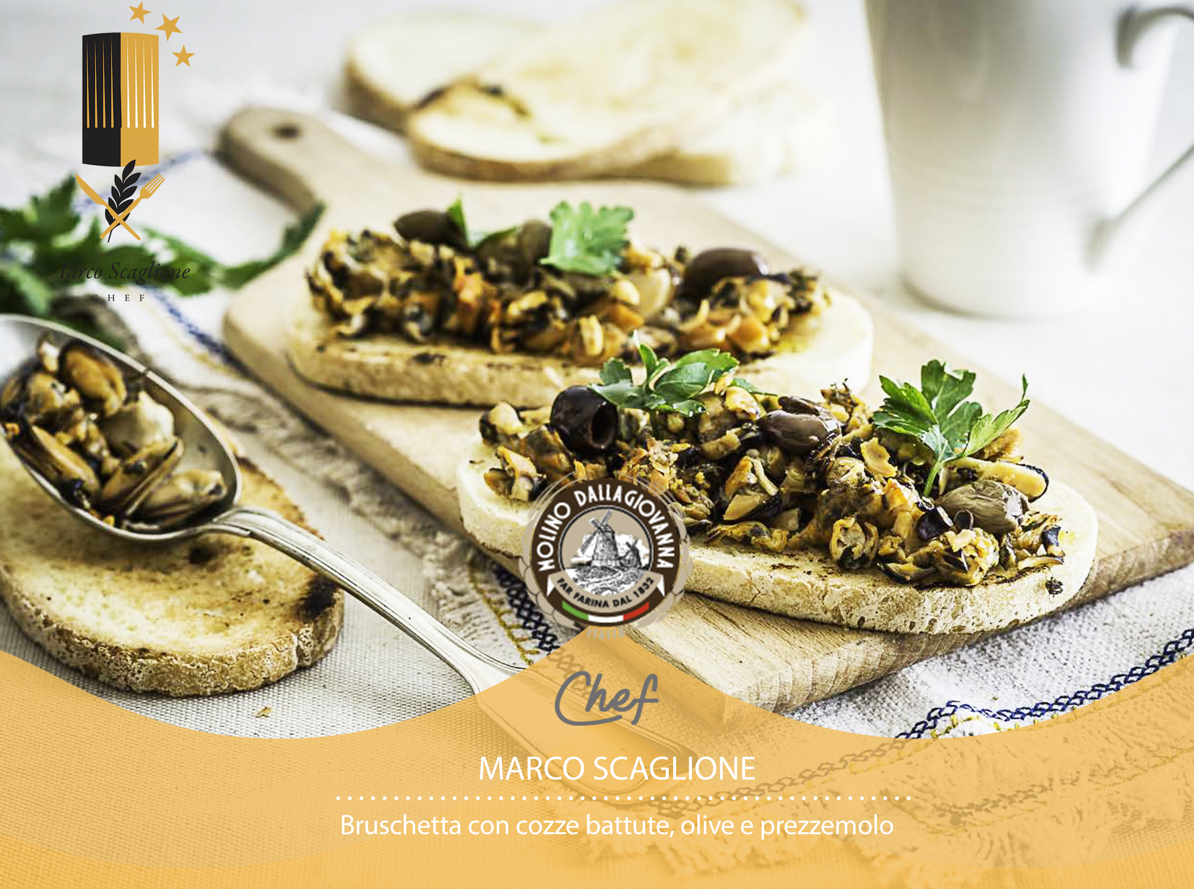 Bruschetta sin gluten con mejillones, aceitunas y perejil