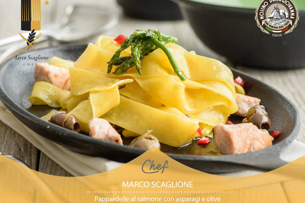 Pappardelle senza glutine al salmone, asparagi, peperoncino e olive taggiasche
