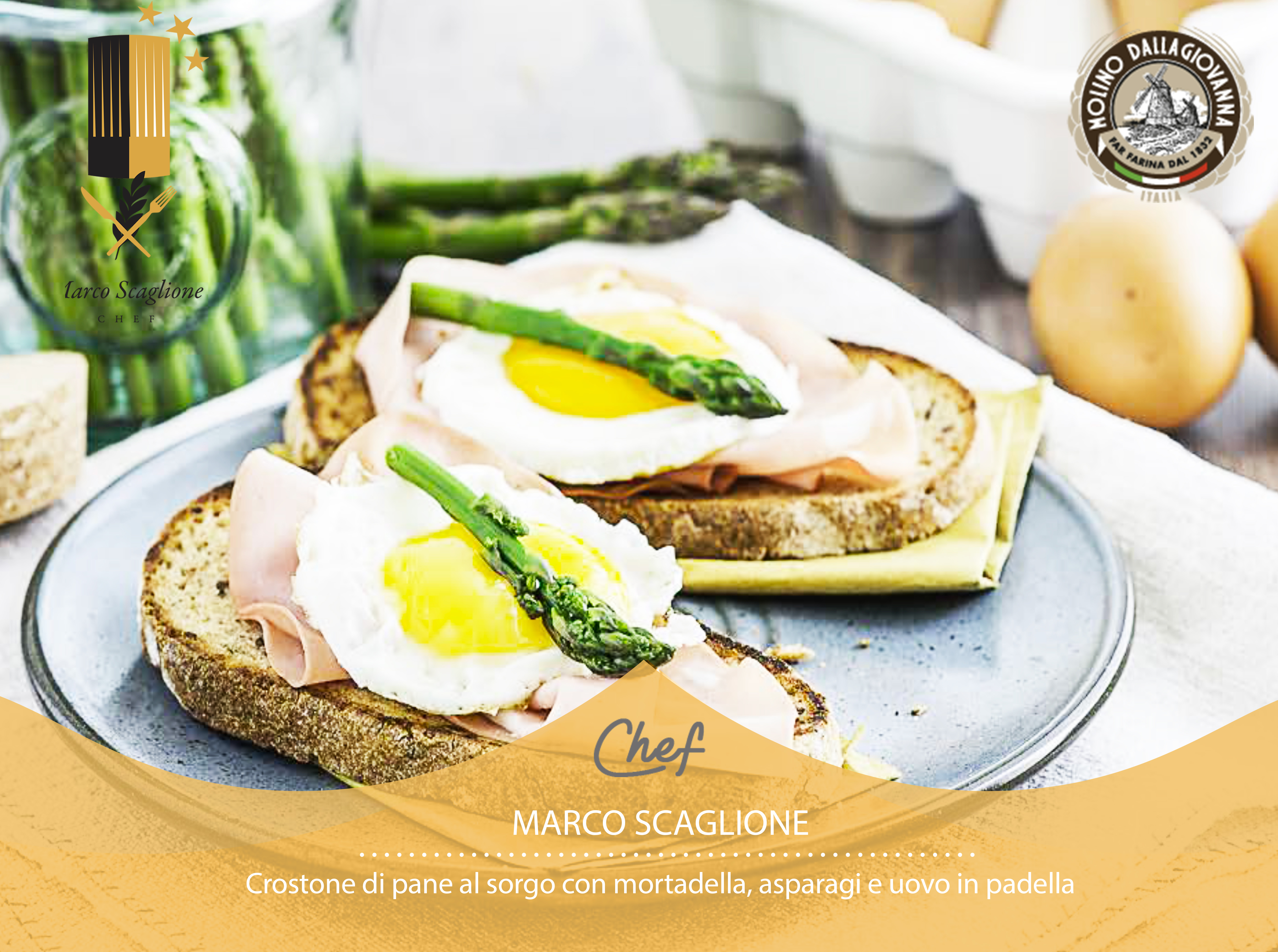 Gluten-free crostone with mortadella, asparagus and egg in a pan