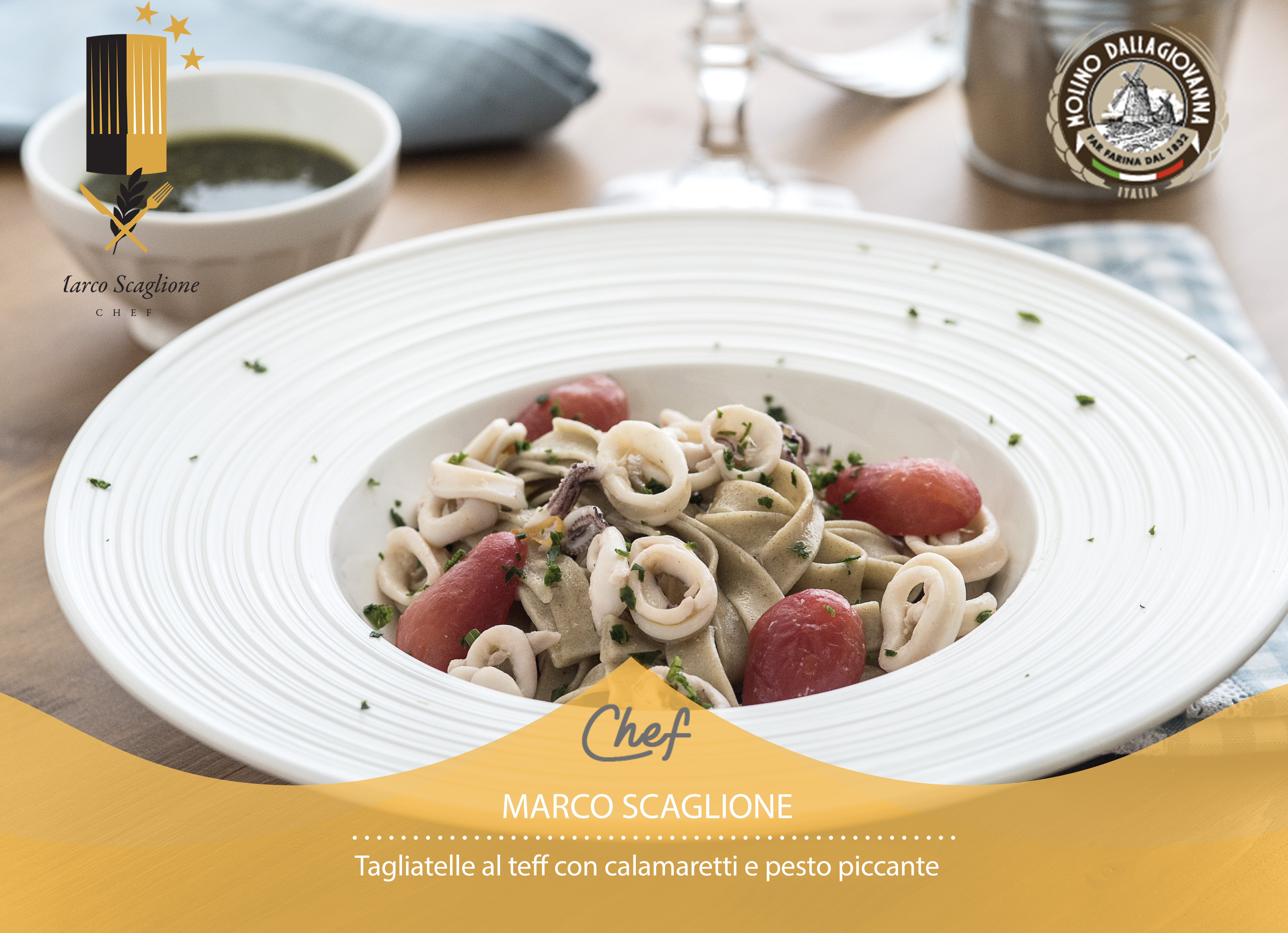 Tagliatelle al teff senza glutine con calamaretti e pesto piccante