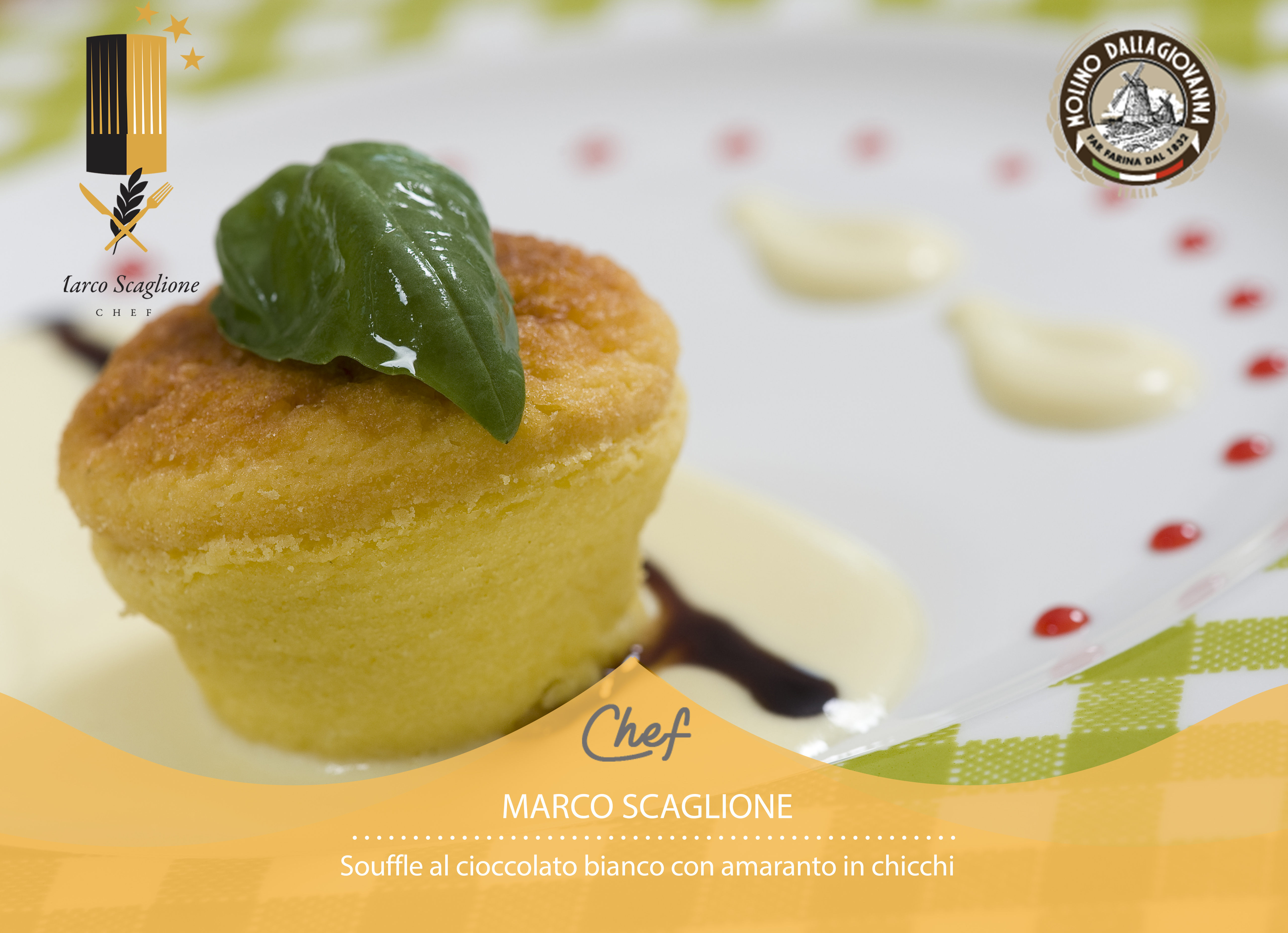 Gluten-free soufflé with white chocolate, pineapple cream, Balsamic Vinegar and drops of strawberry