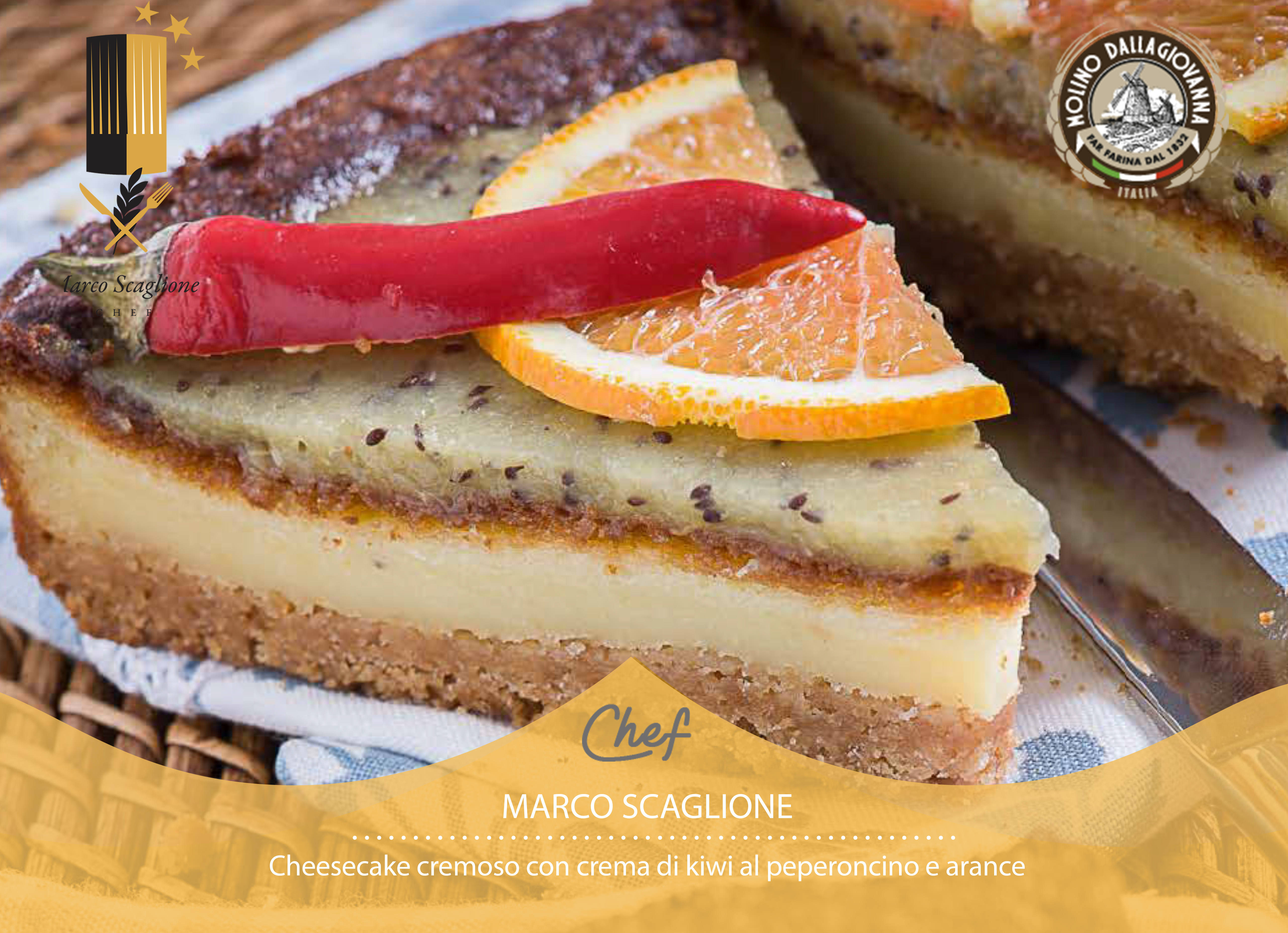 Creamy gluten-free cheesecake with chili kiwi and orange cream