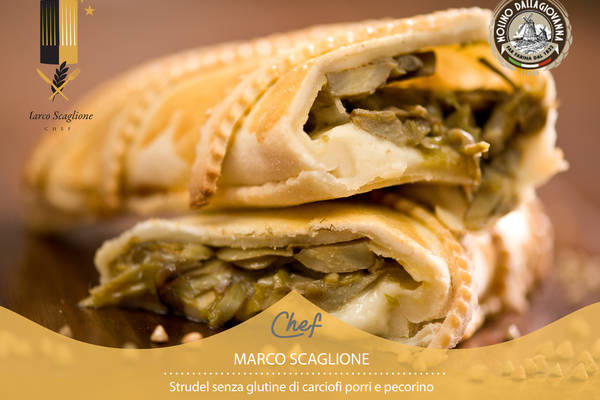 Gluten-free strudel of artichokes leek and pecorino cheese