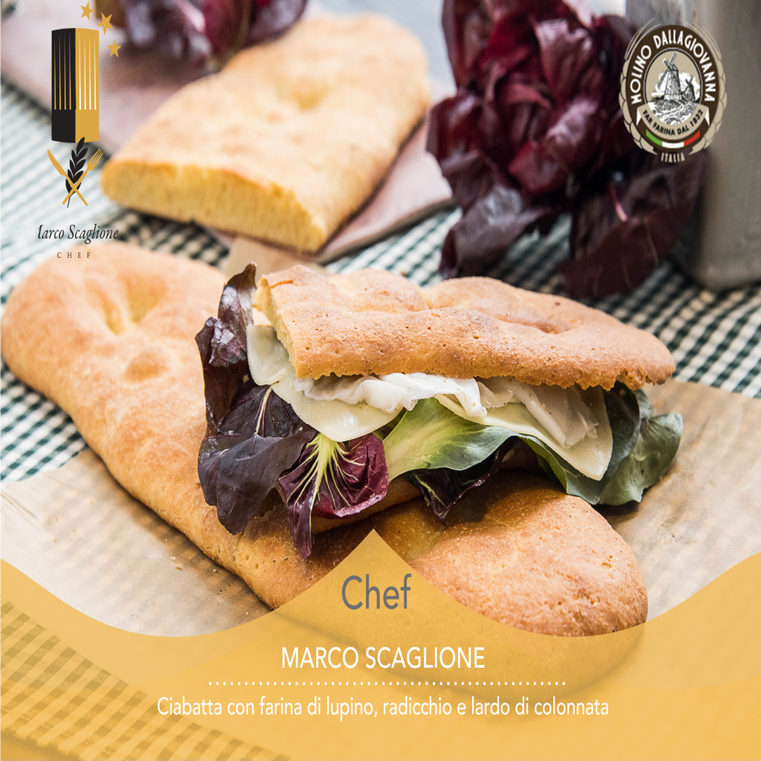 Ciabatta senza glutine con farina di lupino radicchio fresco, lardo ed emmental