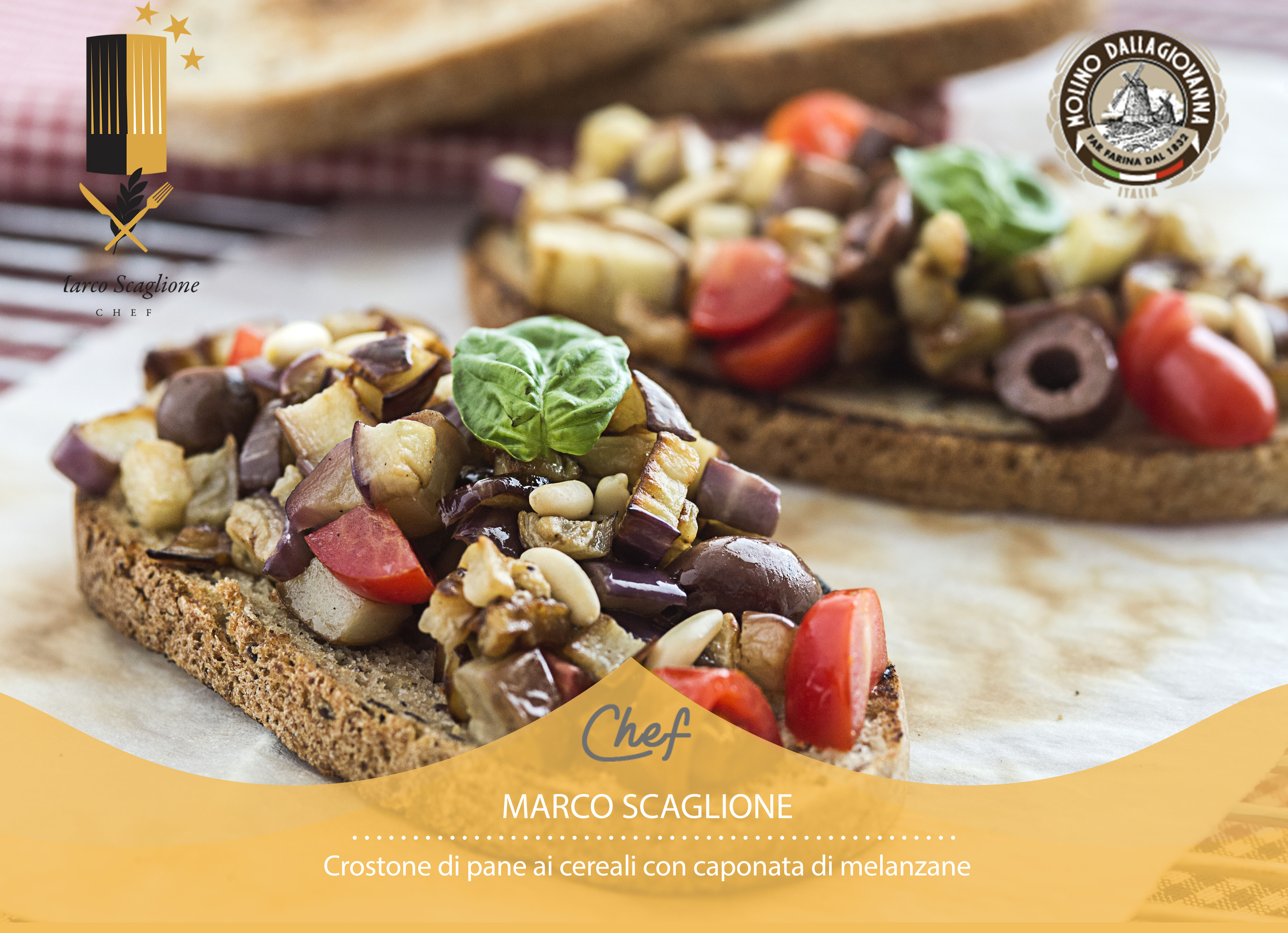 Cereal bread crostone with eggplant caponata, raisins and pine nuts
