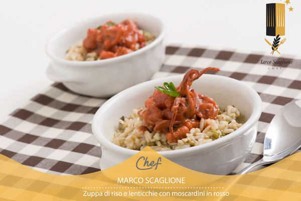 Rice and lentil soup with moscardini in red