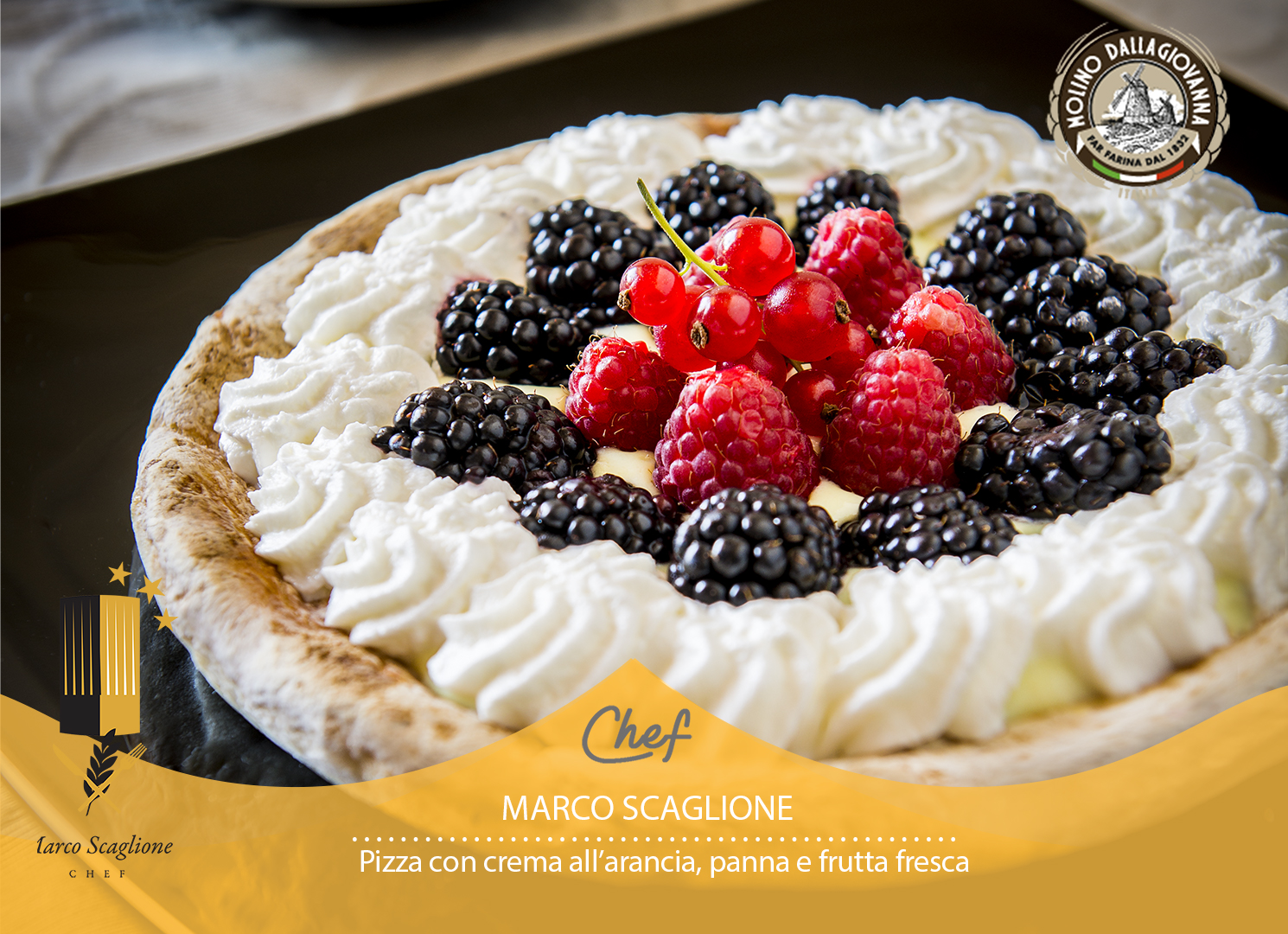 Pizza con crema pasticcera all'arancia e frutta fresca