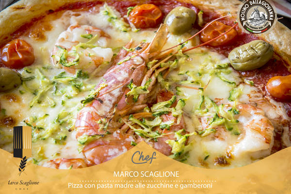 Pizza with pasta, zucchini and prawns