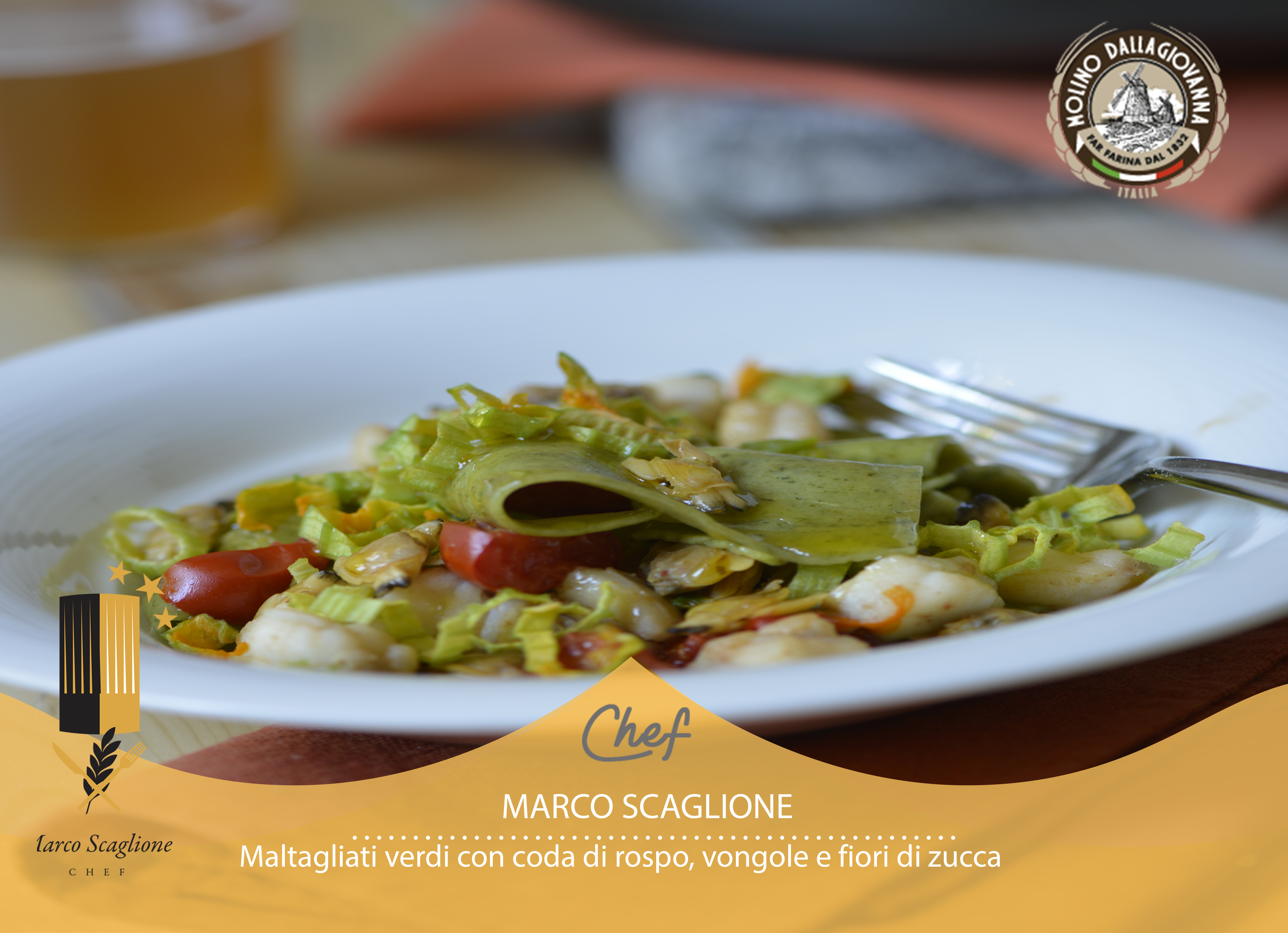 Maltagliati verdi con coda di rospo, vongole e fiori di zucca