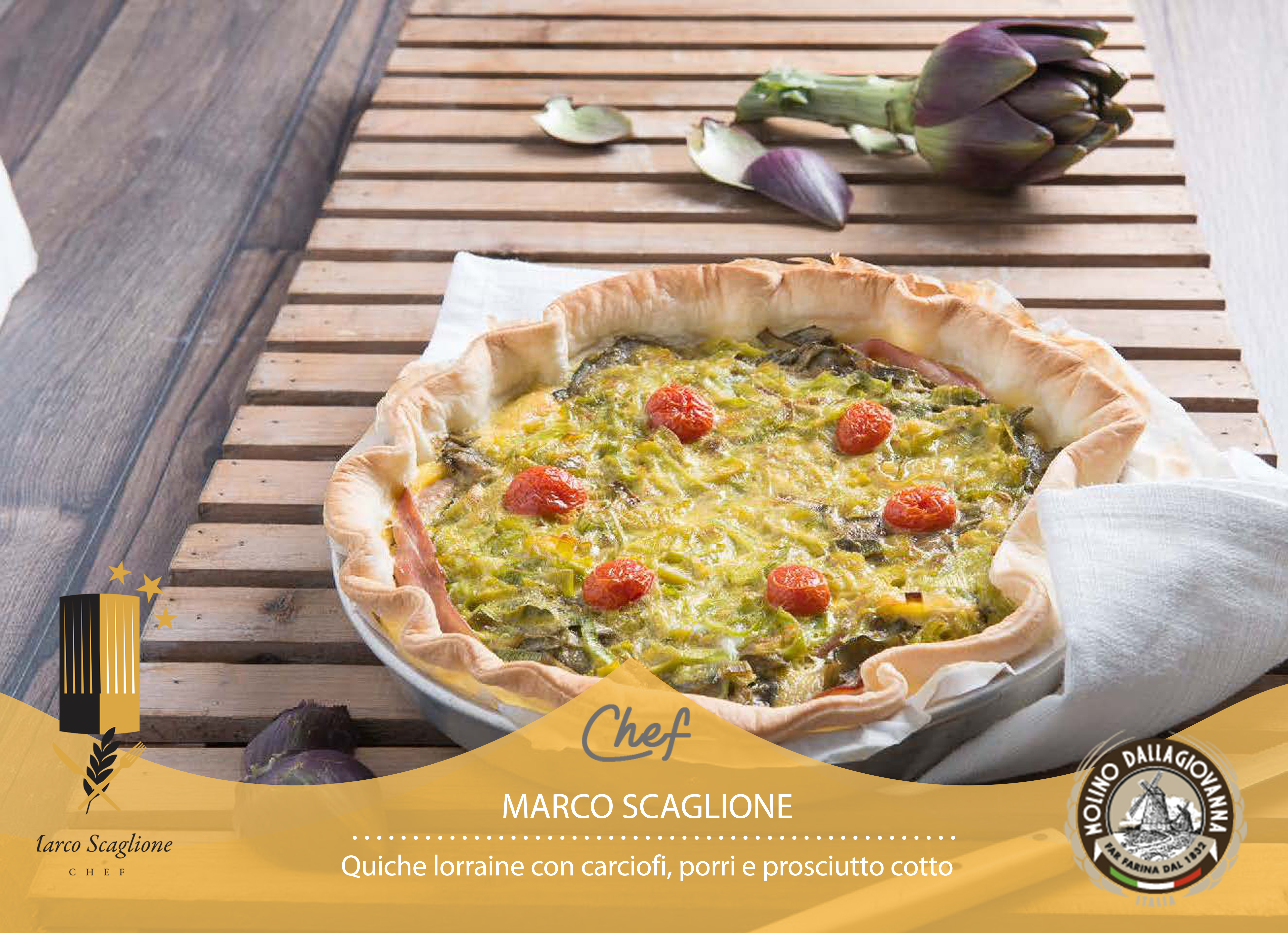 Quiche lorraine con alcachofas, puerros y jamón cocido