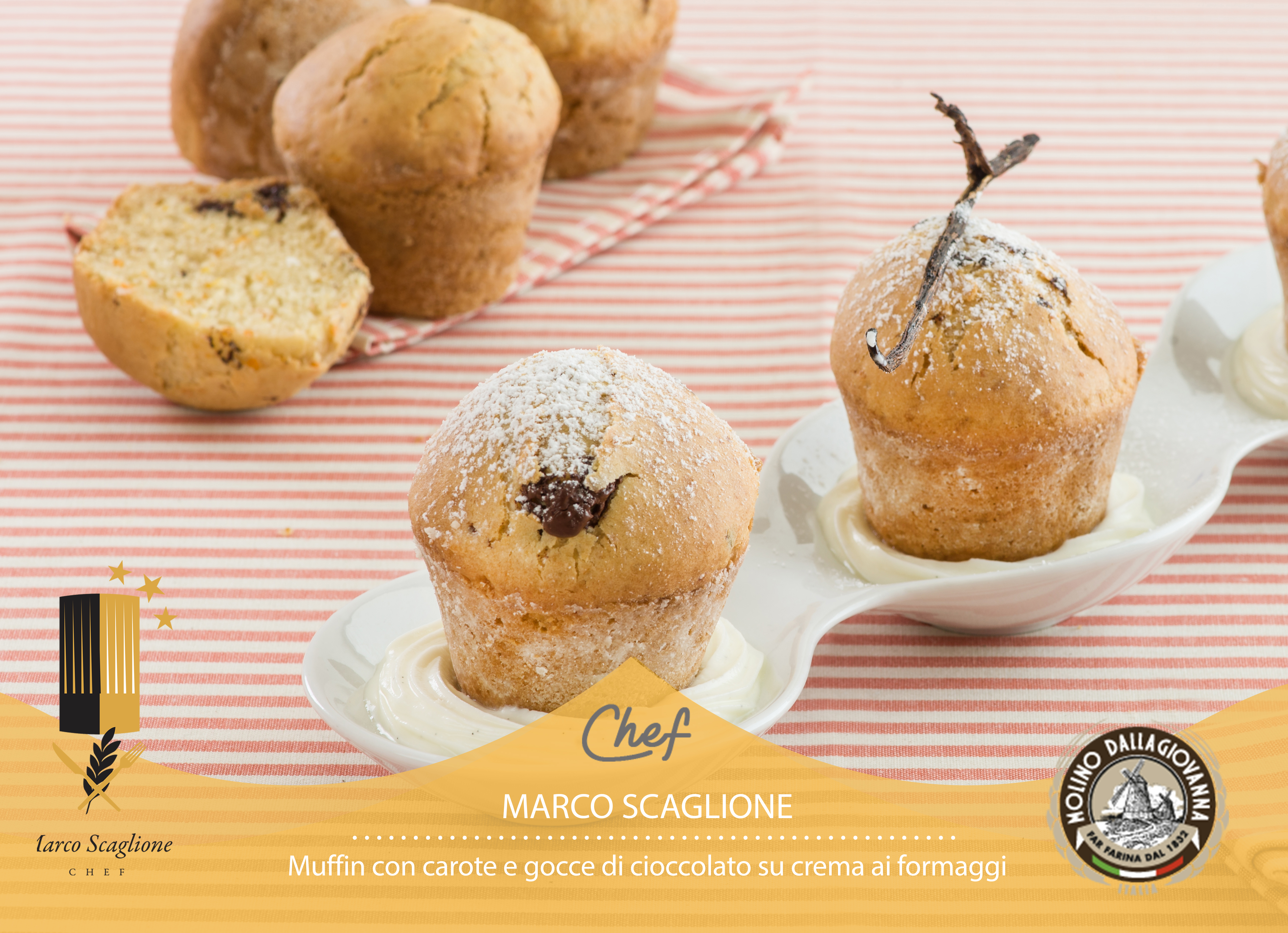 Muffin con carote e gocce di cioccolato su crema di formaggi