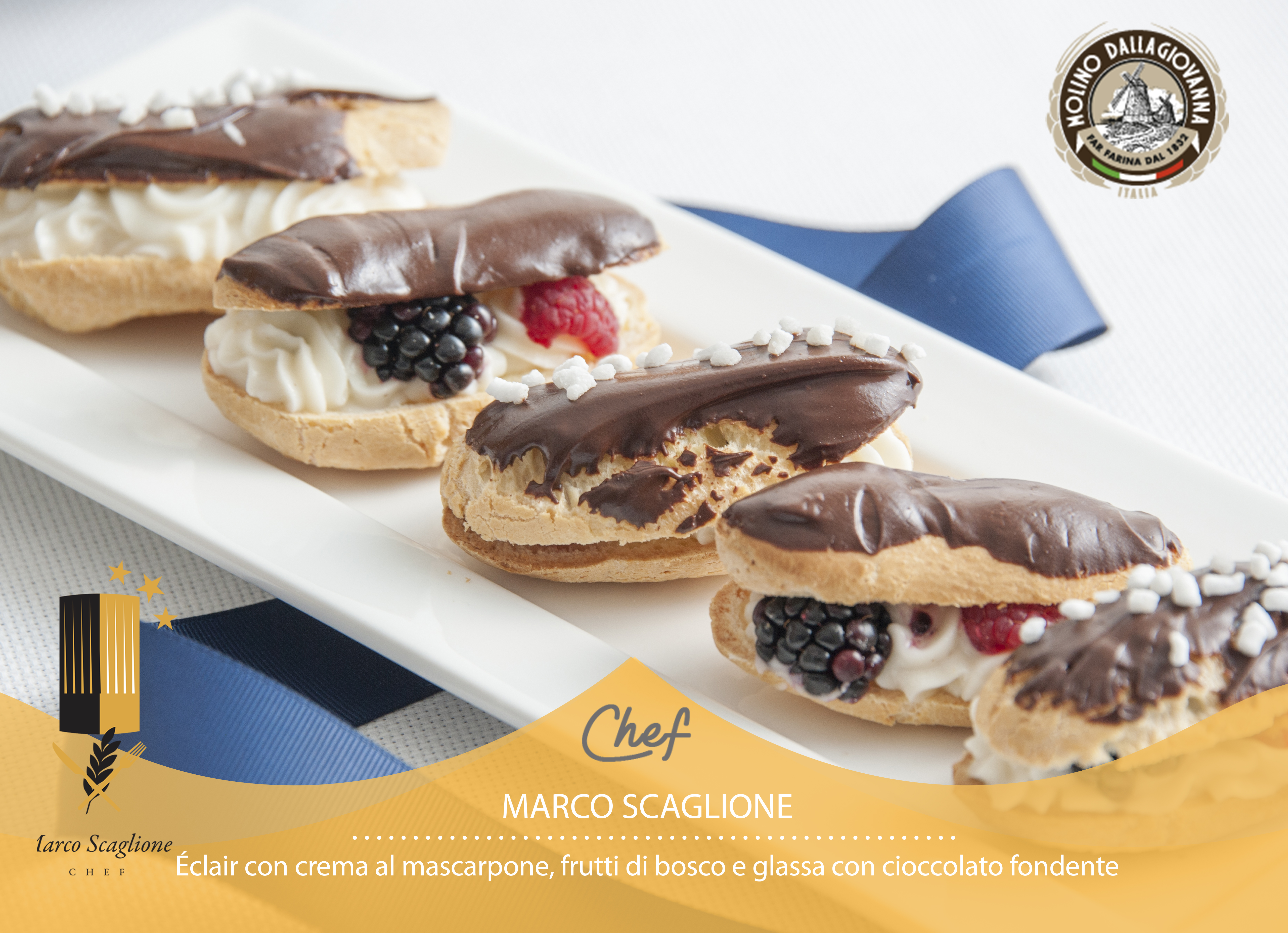 Éclair con crema al mascarpone e frutti di bosco, glassati con cioccolato fondente