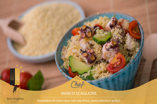 Couscous salad with zucchini, tomatoes and octopus