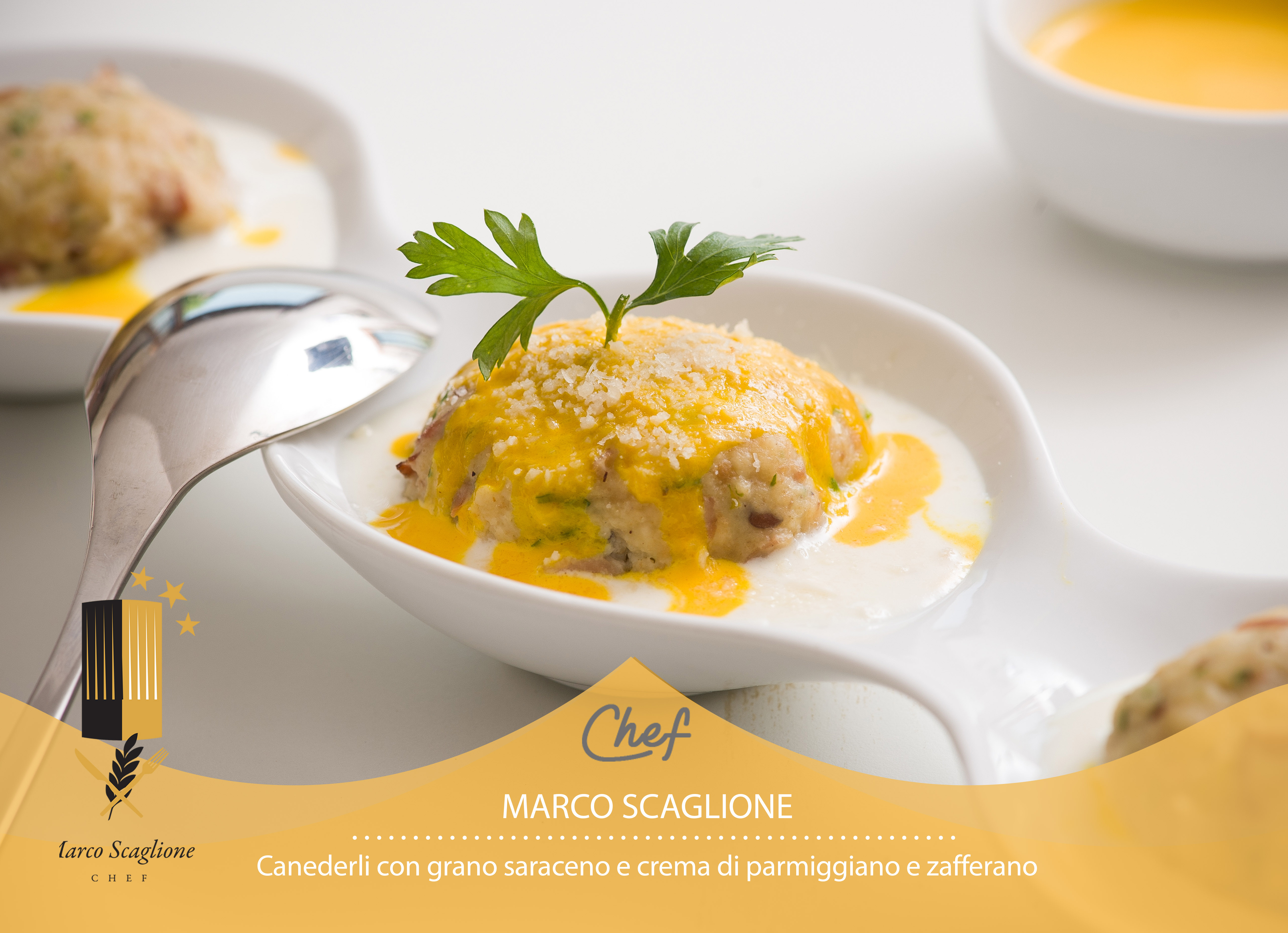 Canederli sin gluten con crema de parmesano y azafrán