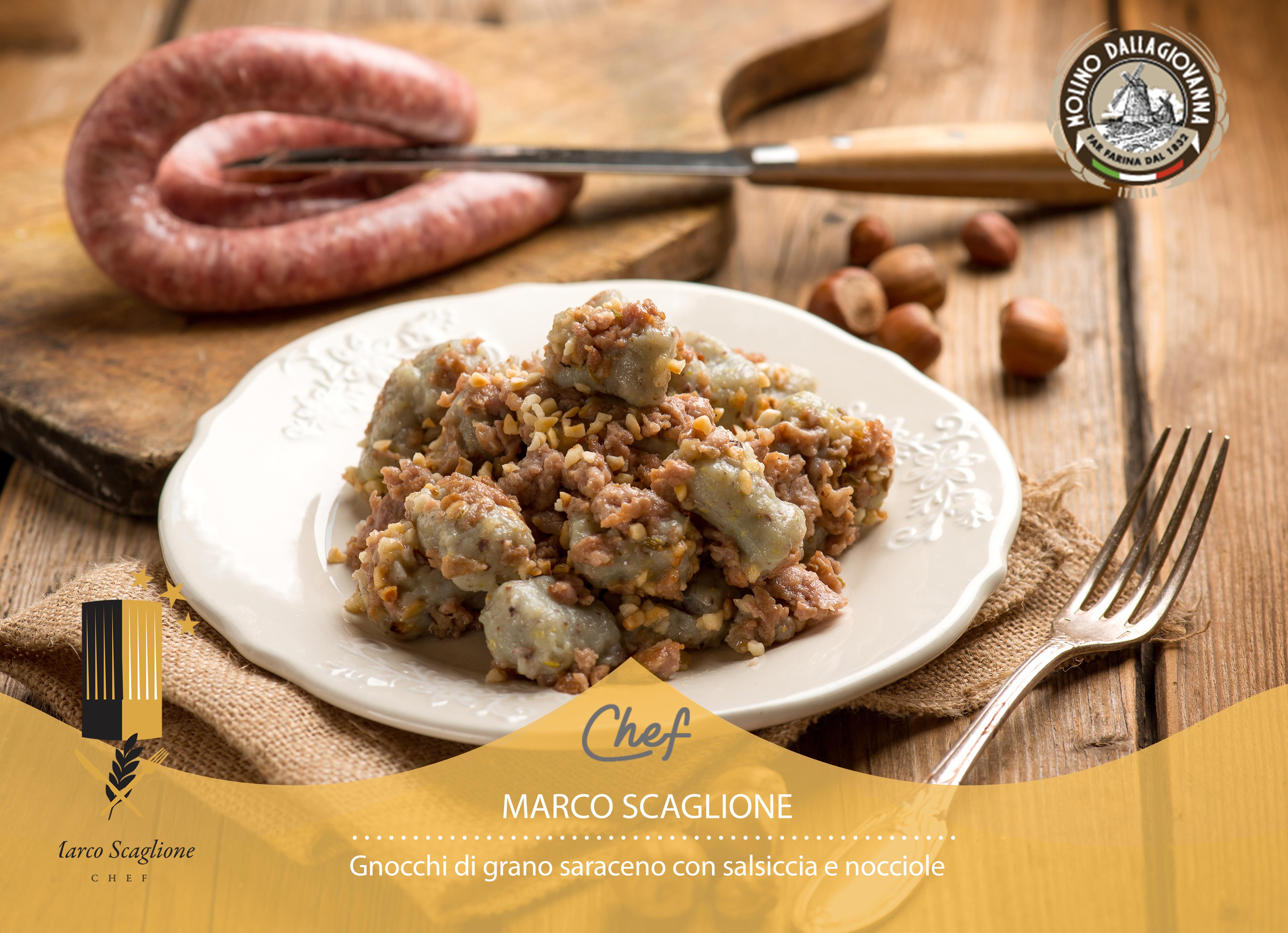 Buckwheat gnocchi with sausage and hazelnuts