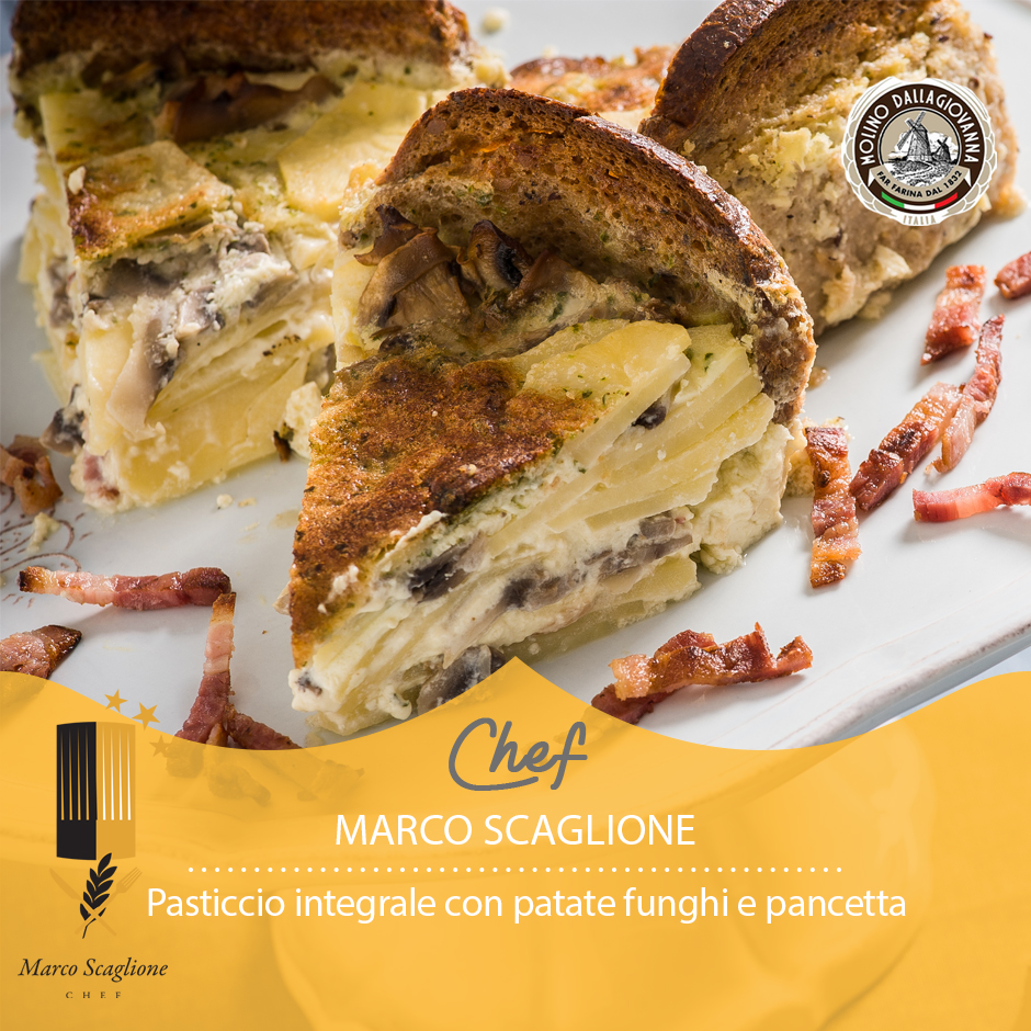 Pasticcio integrale al forno con patate, funghi e pancetta